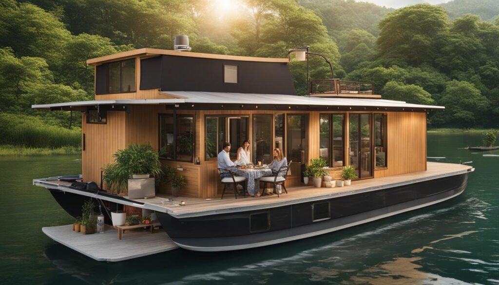 A serene river surrounded by lush greenery with a houseboat docked nearby, showcasing the spacious interior and amenities such as a fully equipped kitchen, bathroom, and sleeping quarters. A couple lounging on the deck, sipping drinks and enjoying the view while reading through a document