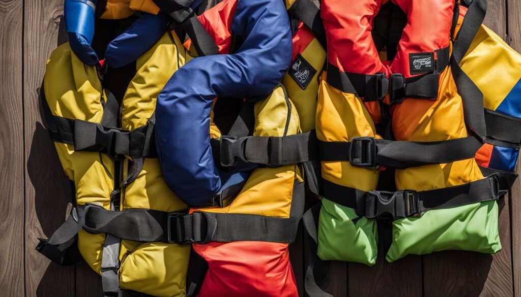 An arrangement of various sized and colored life jackets scattered on a wooden deck.